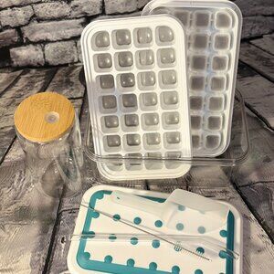 Auauy Plastic Ice Cube Trays with Bin/Glass w Lid/Straw & Cleaner/Scoop